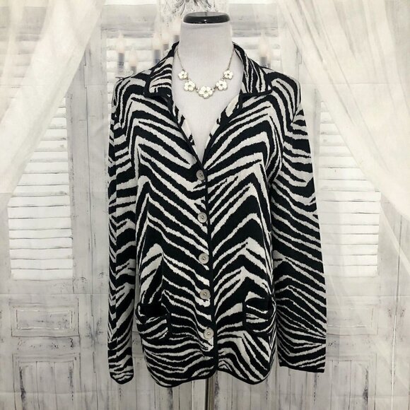 Chicos Size 2 Large Silk Cotton Button Knit Cardigan Jacket Black White Zebra - Picture 1 of 9